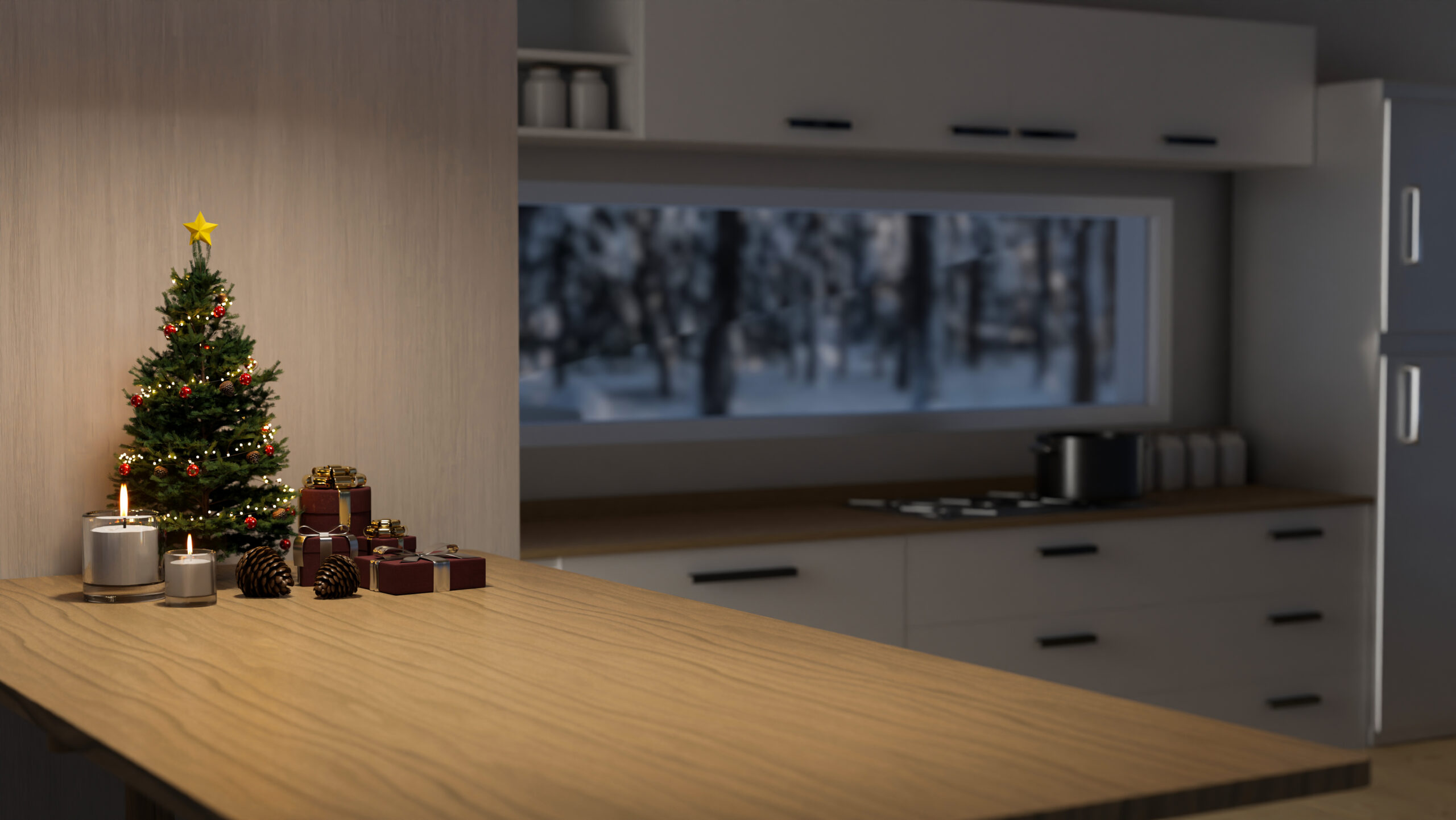 Organización de la cocina en Navidad con cajones ordenados, utensilios clasificados y encimera despejada lista para cocinar